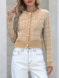 Cropped Windowpane Knit Cardigan With Pearl Buttons - Khaki