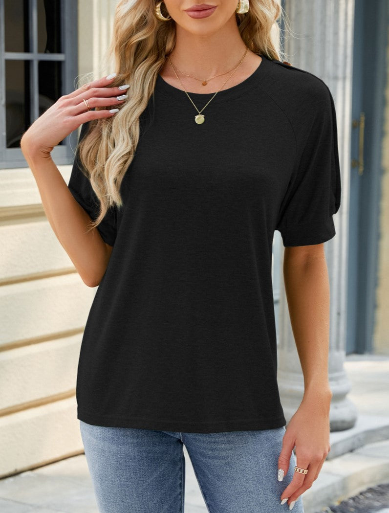 Button Trim Shoulder Relaxed Tee - Black