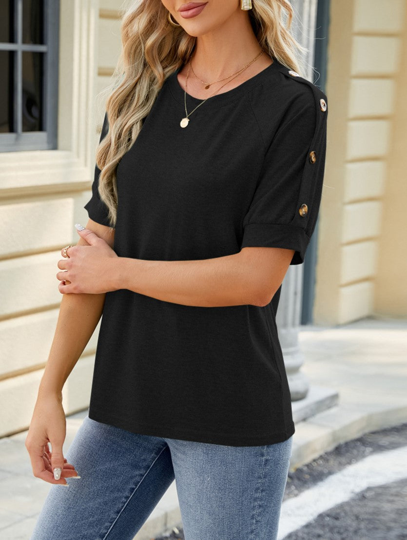 Button Trim Shoulder Relaxed Tee - Black - 2