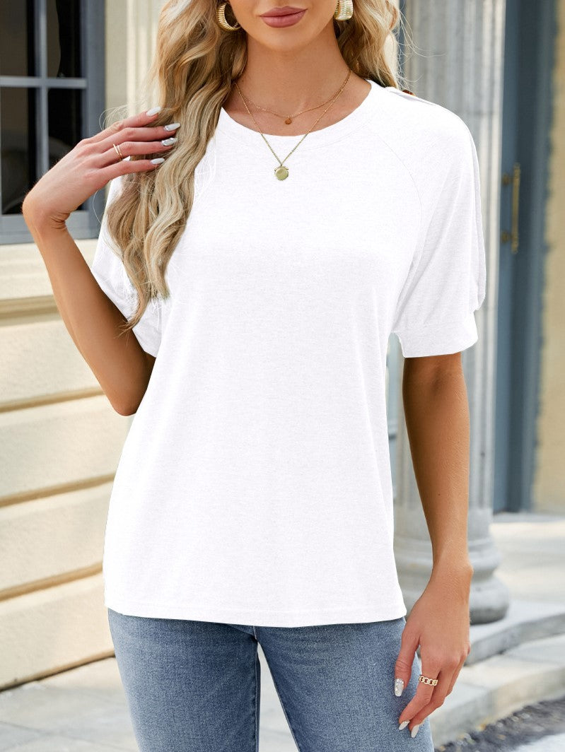 Button Trim Shoulder Relaxed Tee - White