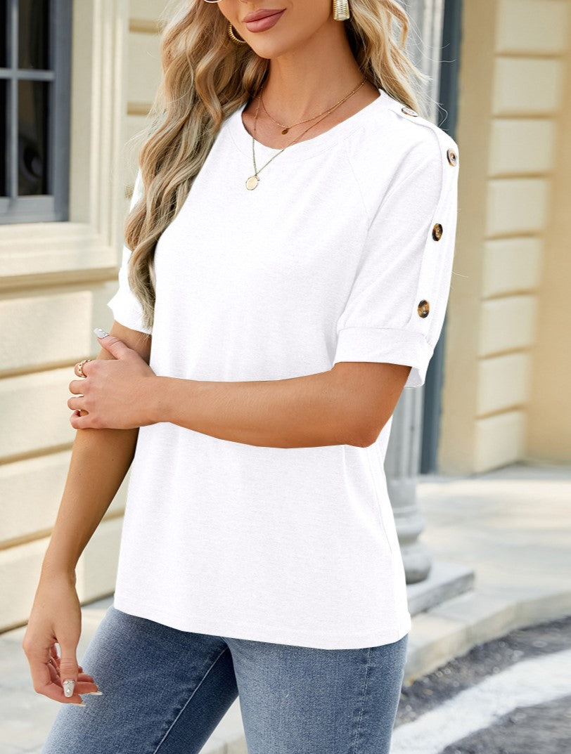 Button Trim Shoulder Relaxed Tee - White - 2