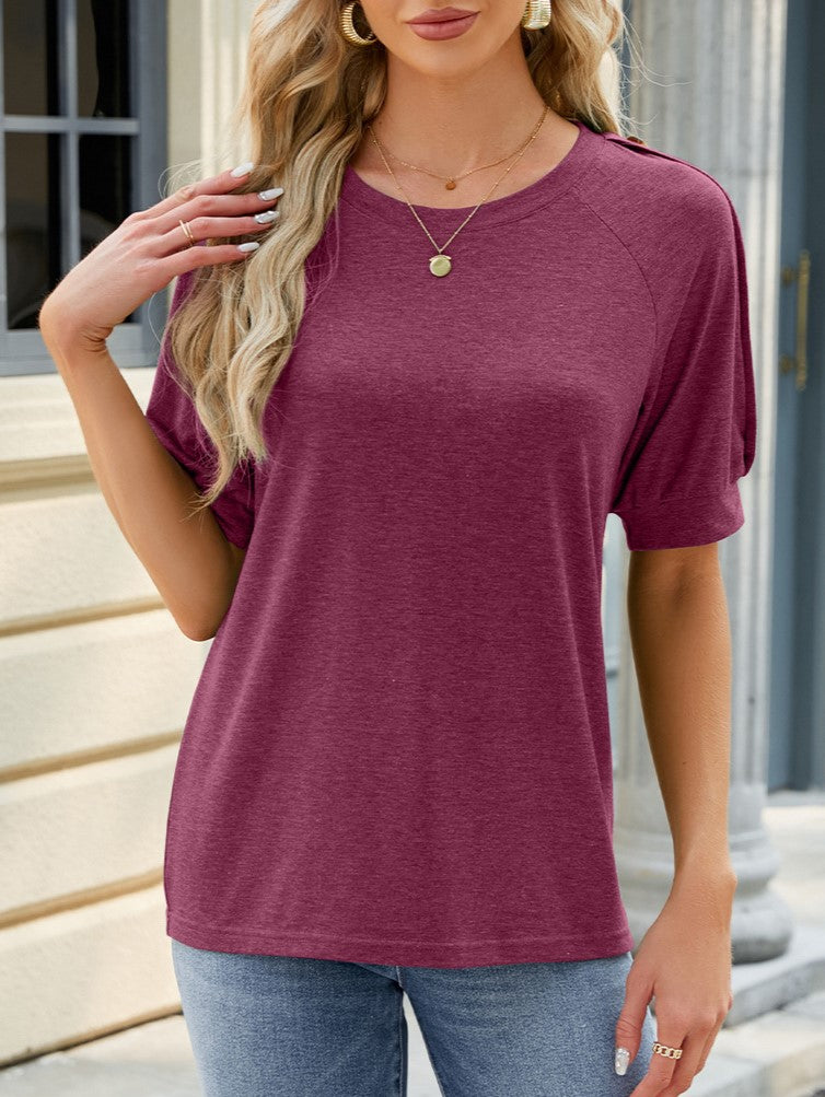 Button Trim Shoulder Relaxed Tee - Winered