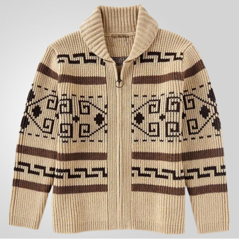 Zip Up Southwestern Pattern Shawl Neck Sweater - Khaki