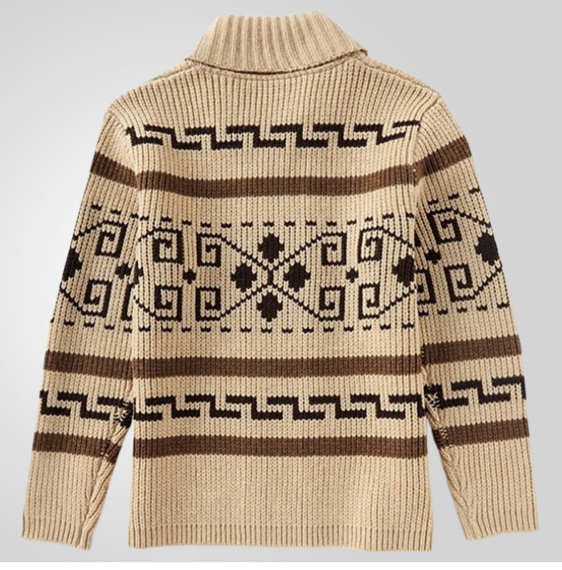 Zip Up Southwestern Pattern Shawl Neck Sweater - Khaki - 1
