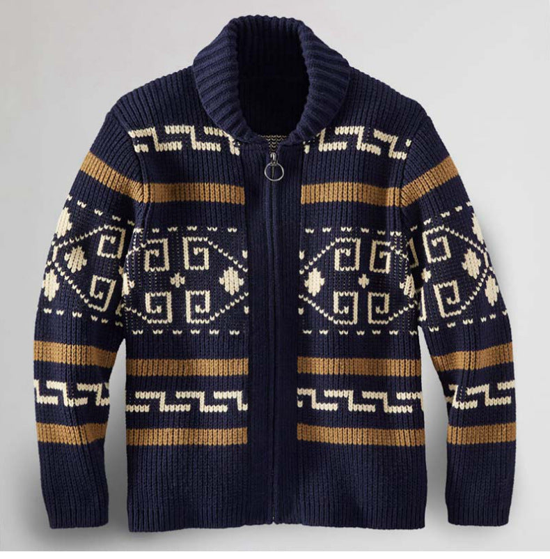 Zip Up Southwestern Pattern Shawl Neck Sweater - Navy