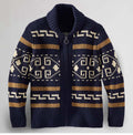 Zip Up Southwestern Pattern Shawl Neck Sweater - Navy