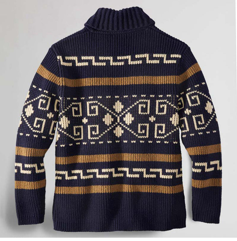 Zip Up Southwestern Pattern Shawl Neck Sweater - Navy - 1