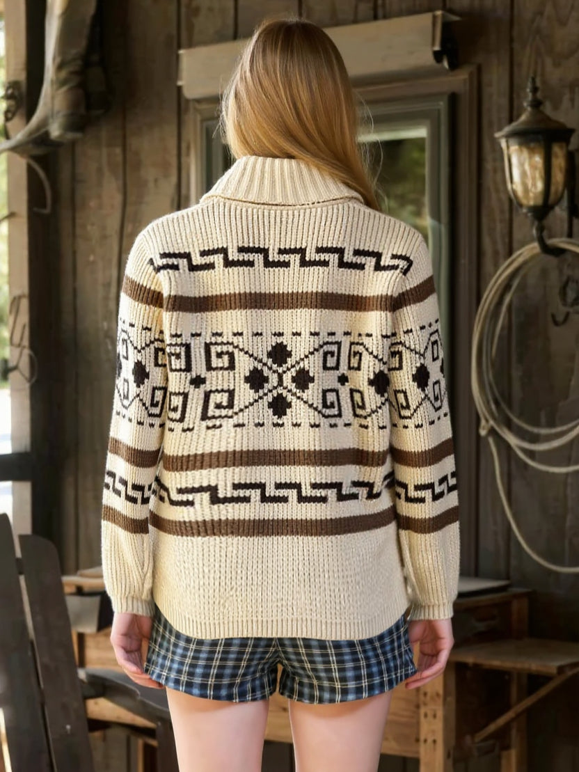 Zip Up Southwestern Pattern Shawl Neck Sweater