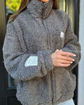 Teddy Fleece Zip Front Jacket With Pockets - Grey