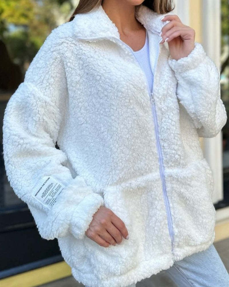 Teddy Fleece Zip Front Jacket With Pockets - White