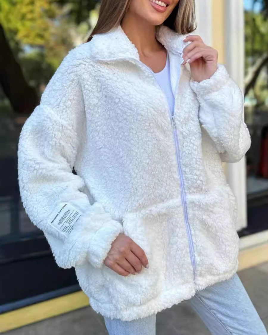 Teddy Fleece Zip Front Jacket With Pockets - White - 1