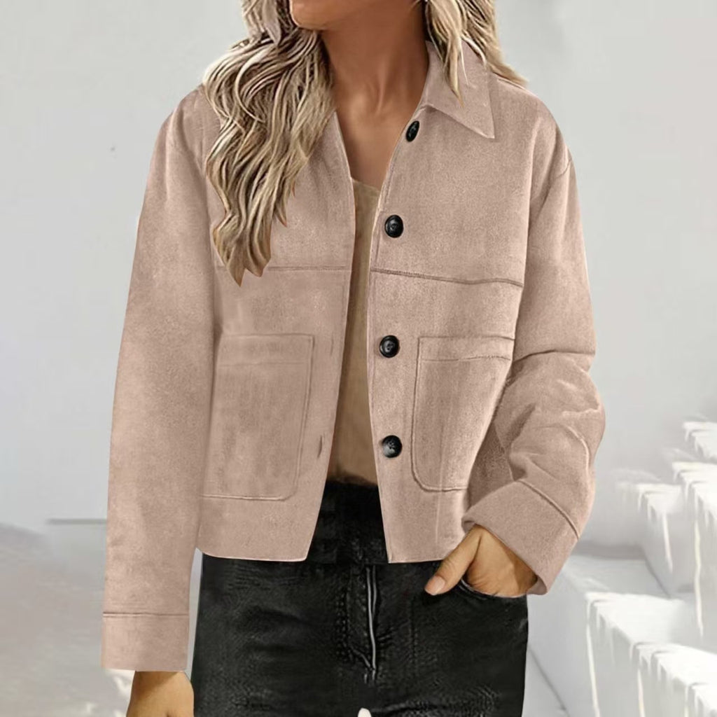 Cropped Faux Suede Button Shirt Jacket - Apricot