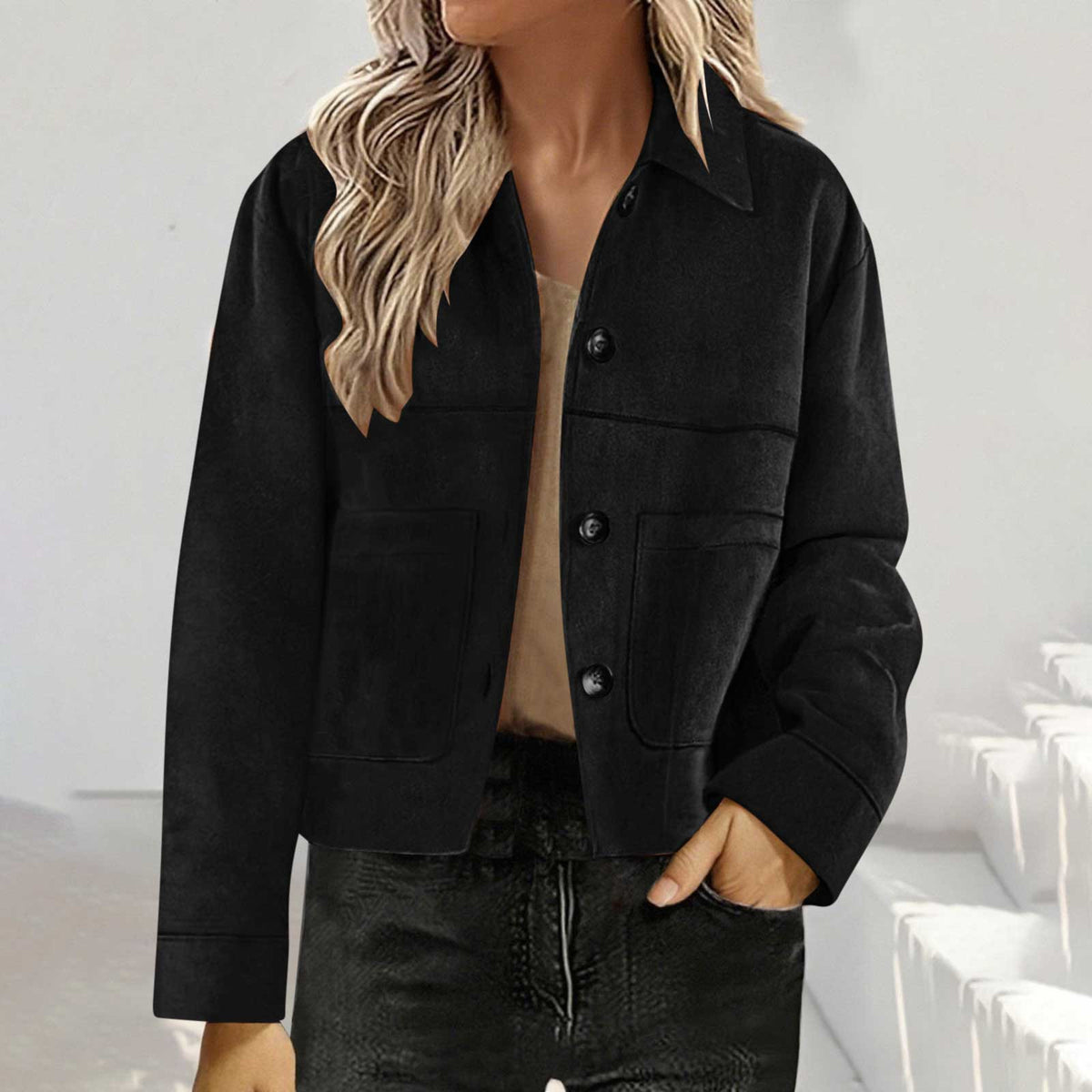 Cropped Faux Suede Button Shirt Jacket - Black