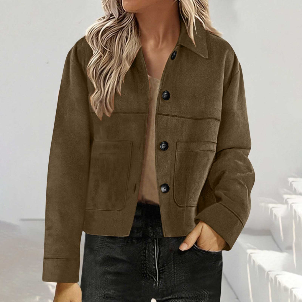 Cropped Faux Suede Button Shirt Jacket - Brown