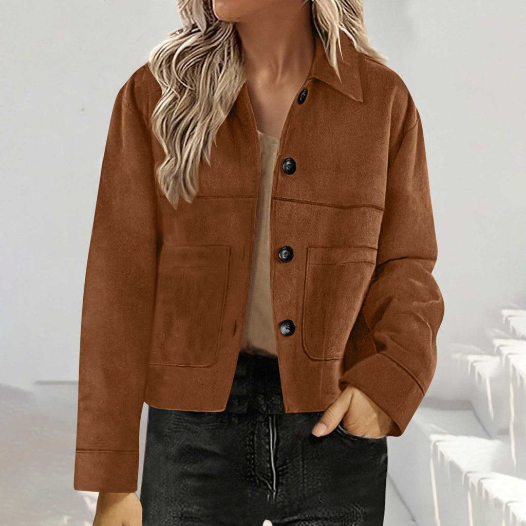 Cropped Faux Suede Button Shirt Jacket - Caramel