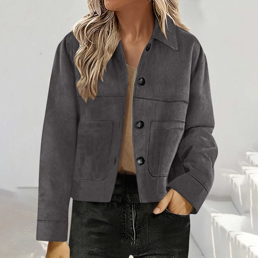 Cropped Faux Suede Button Shirt Jacket - DarkGray