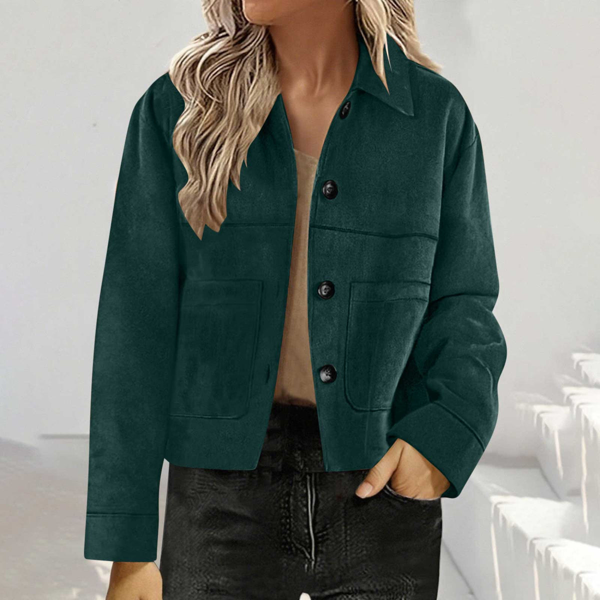 Cropped Faux Suede Button Shirt Jacket - DkGreen