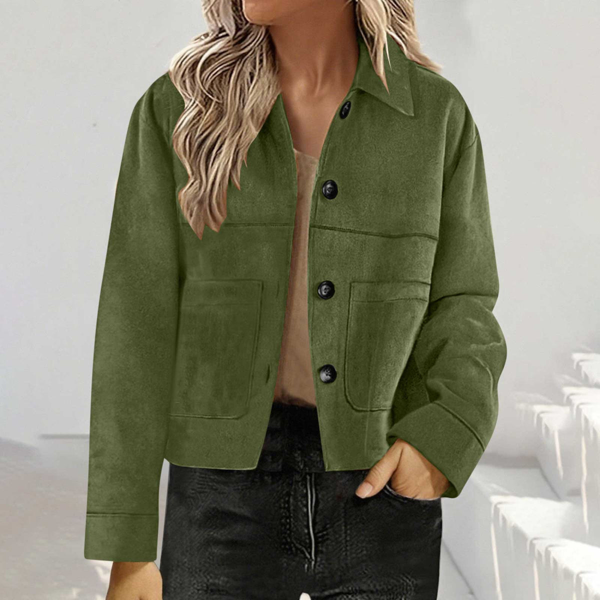 Cropped Faux Suede Button Shirt Jacket - Green