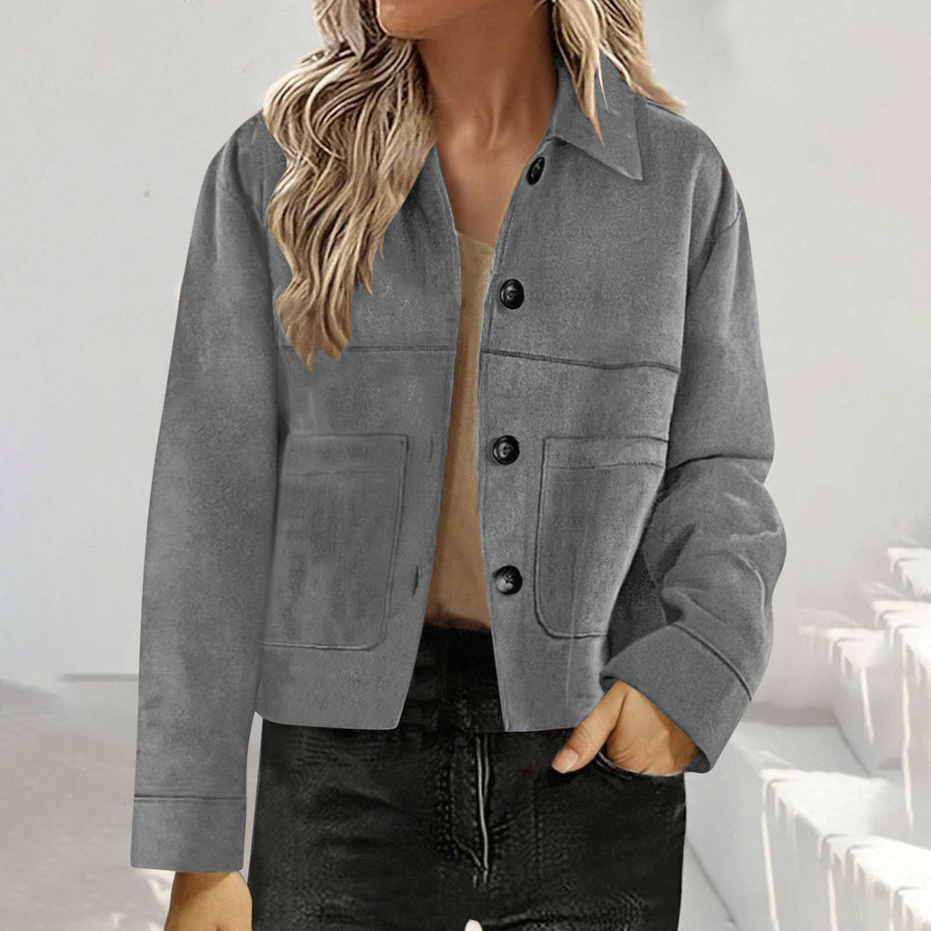 Cropped Faux Suede Button Shirt Jacket - Grey