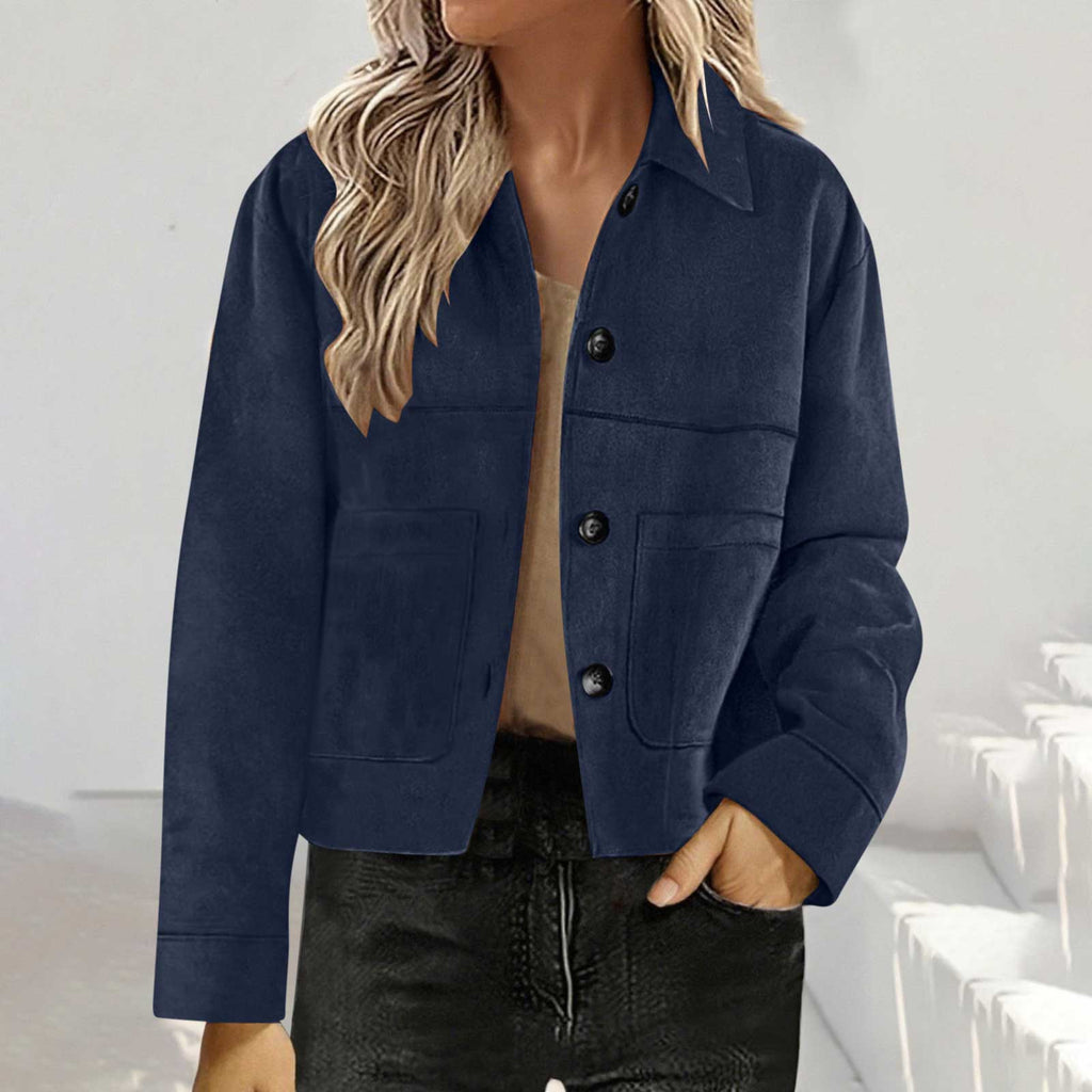 Cropped Faux Suede Button Shirt Jacket - NavyBlue