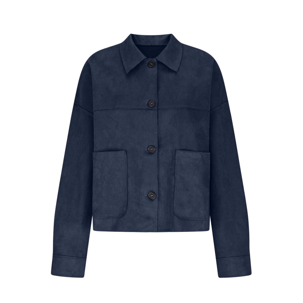 Cropped Faux Suede Button Shirt Jacket - NavyBlue - 1