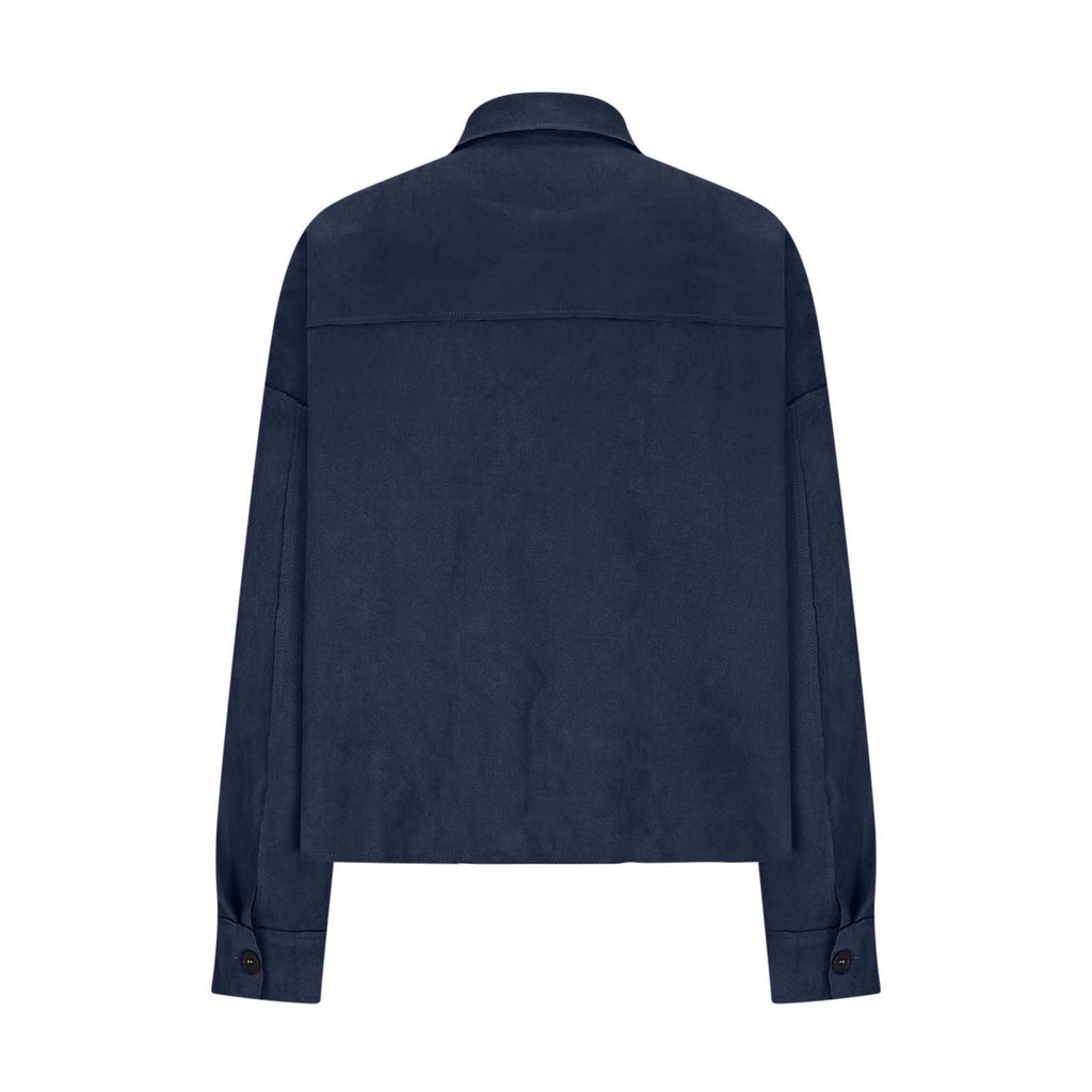 Cropped Faux Suede Button Shirt Jacket - NavyBlue - 2