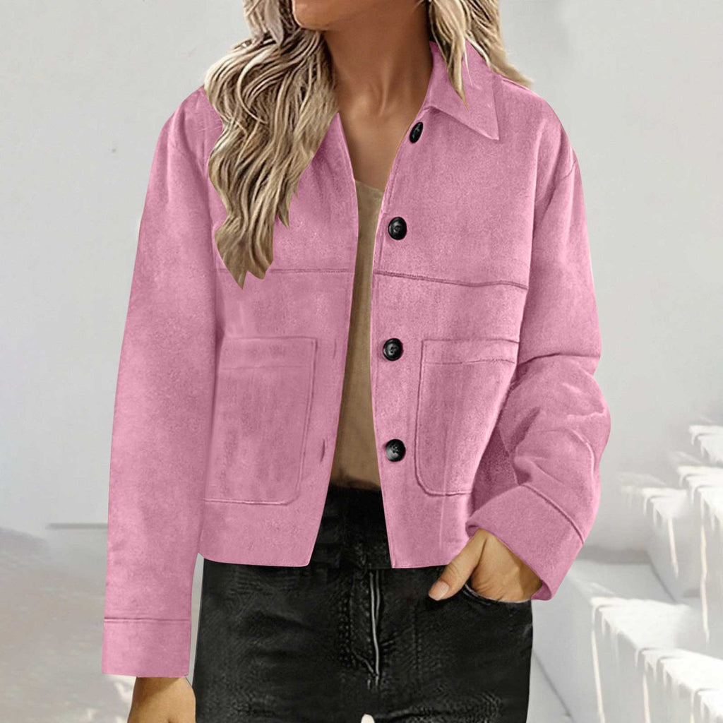 Cropped Faux Suede Button Shirt Jacket - Pink