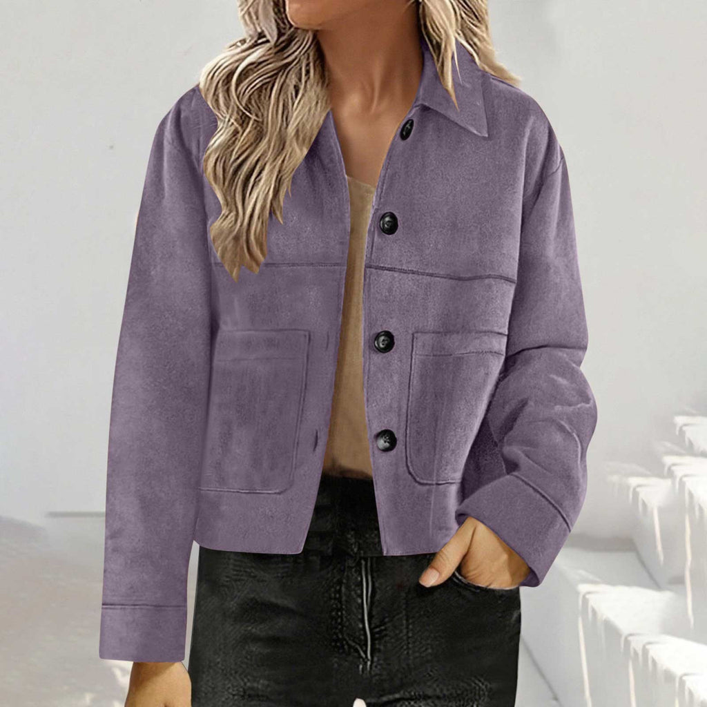 Cropped Faux Suede Button Shirt Jacket - Purple
