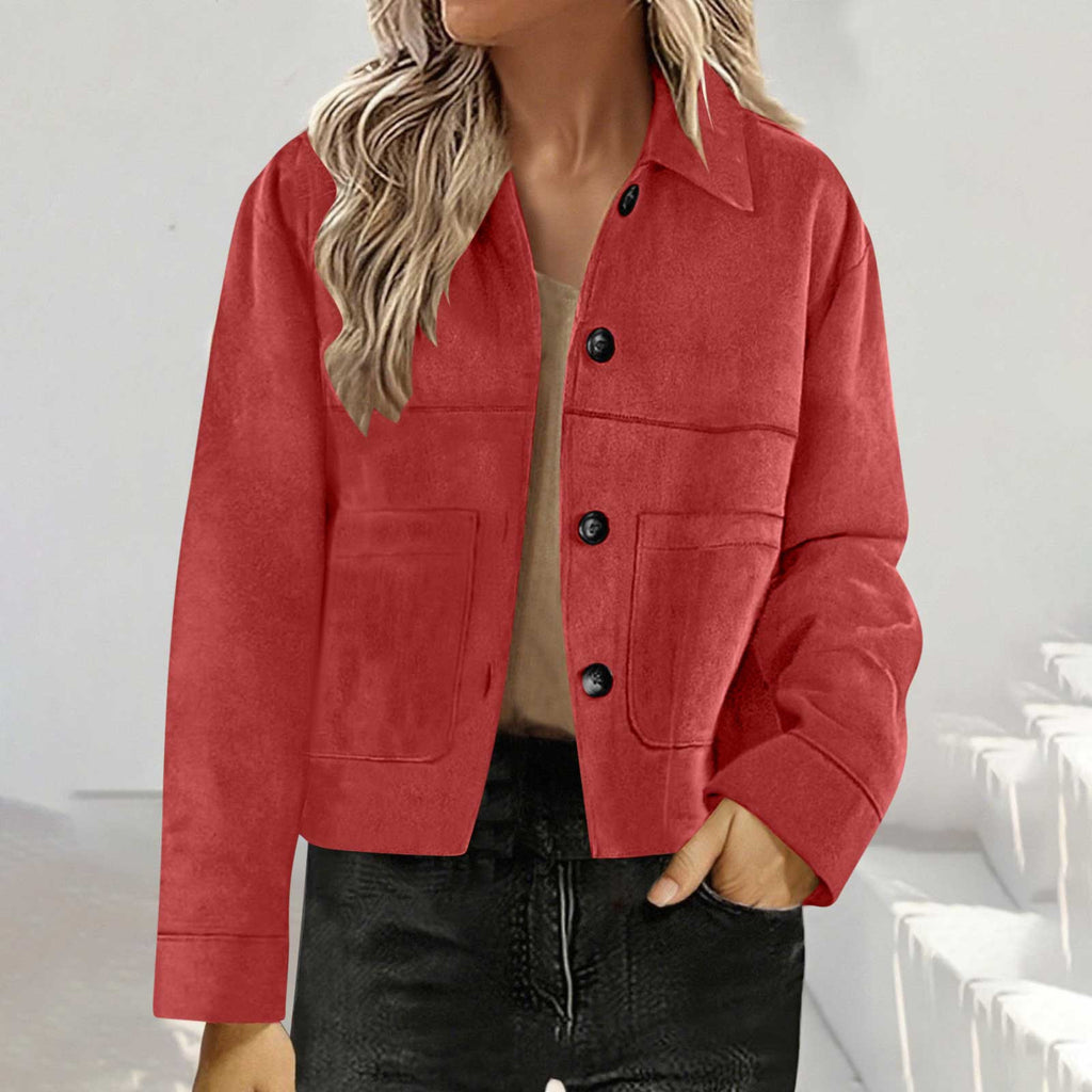 Cropped Faux Suede Button Shirt Jacket - Red