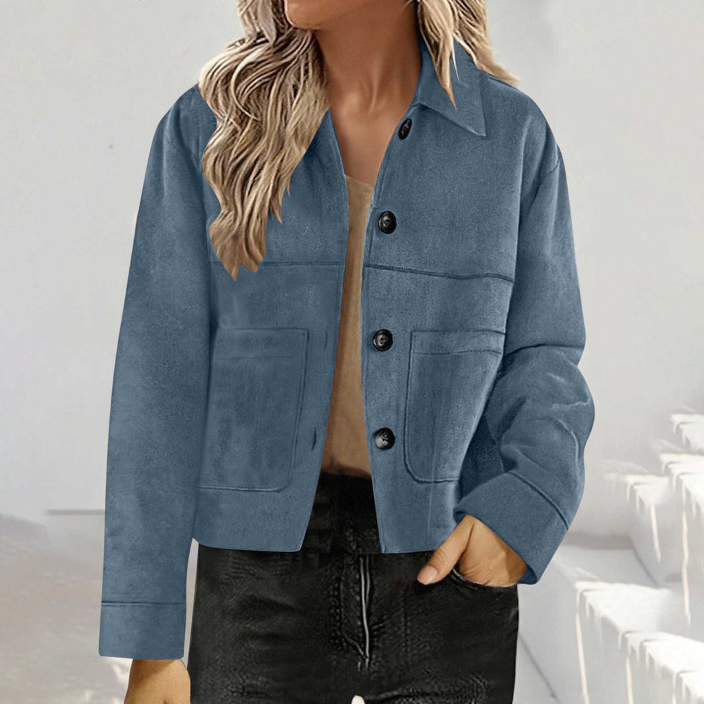 Cropped Faux Suede Button Shirt Jacket - SeaBlue