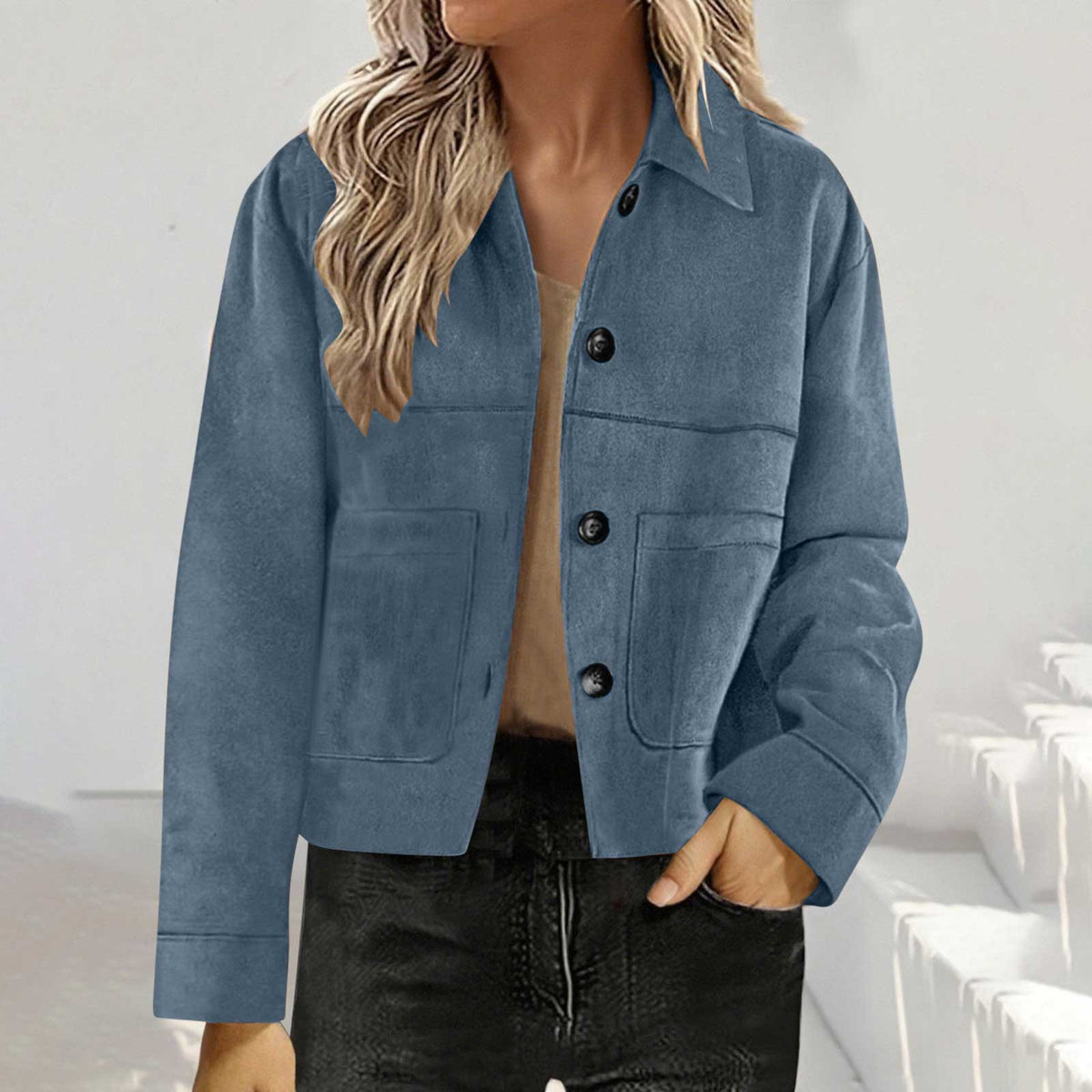 Cropped Faux Suede Button Shirt Jacket - SeaBlue