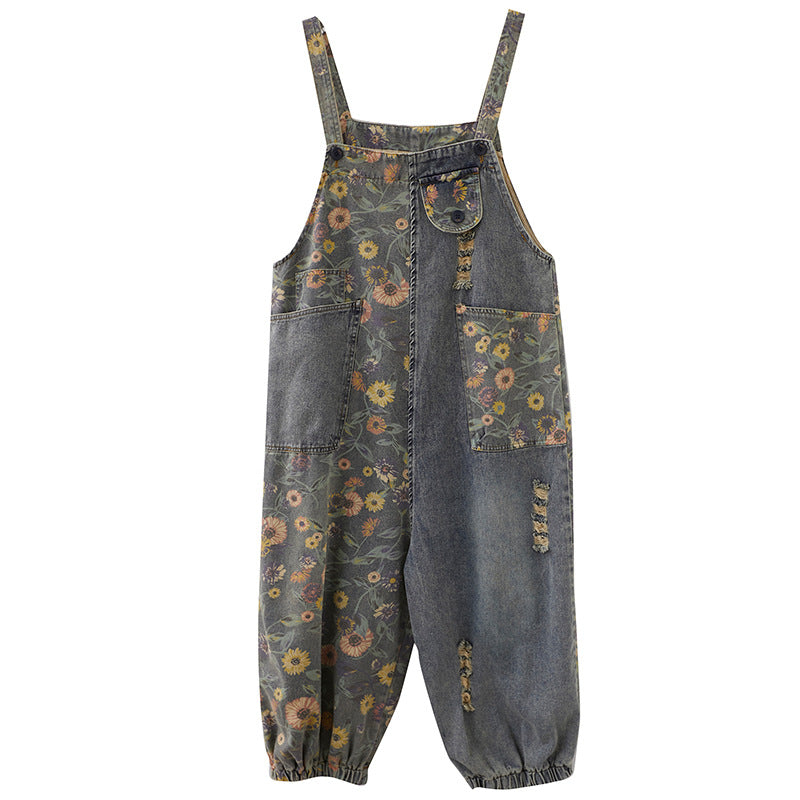 Floral Print Denim Overall Jumpsuit With Pockets - Floral