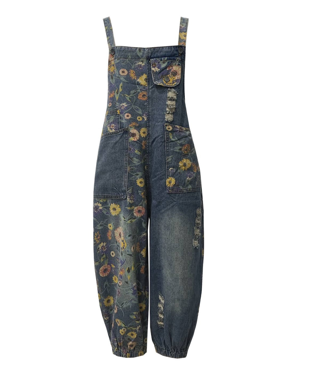 Floral Print Denim Overall Jumpsuit With Pockets