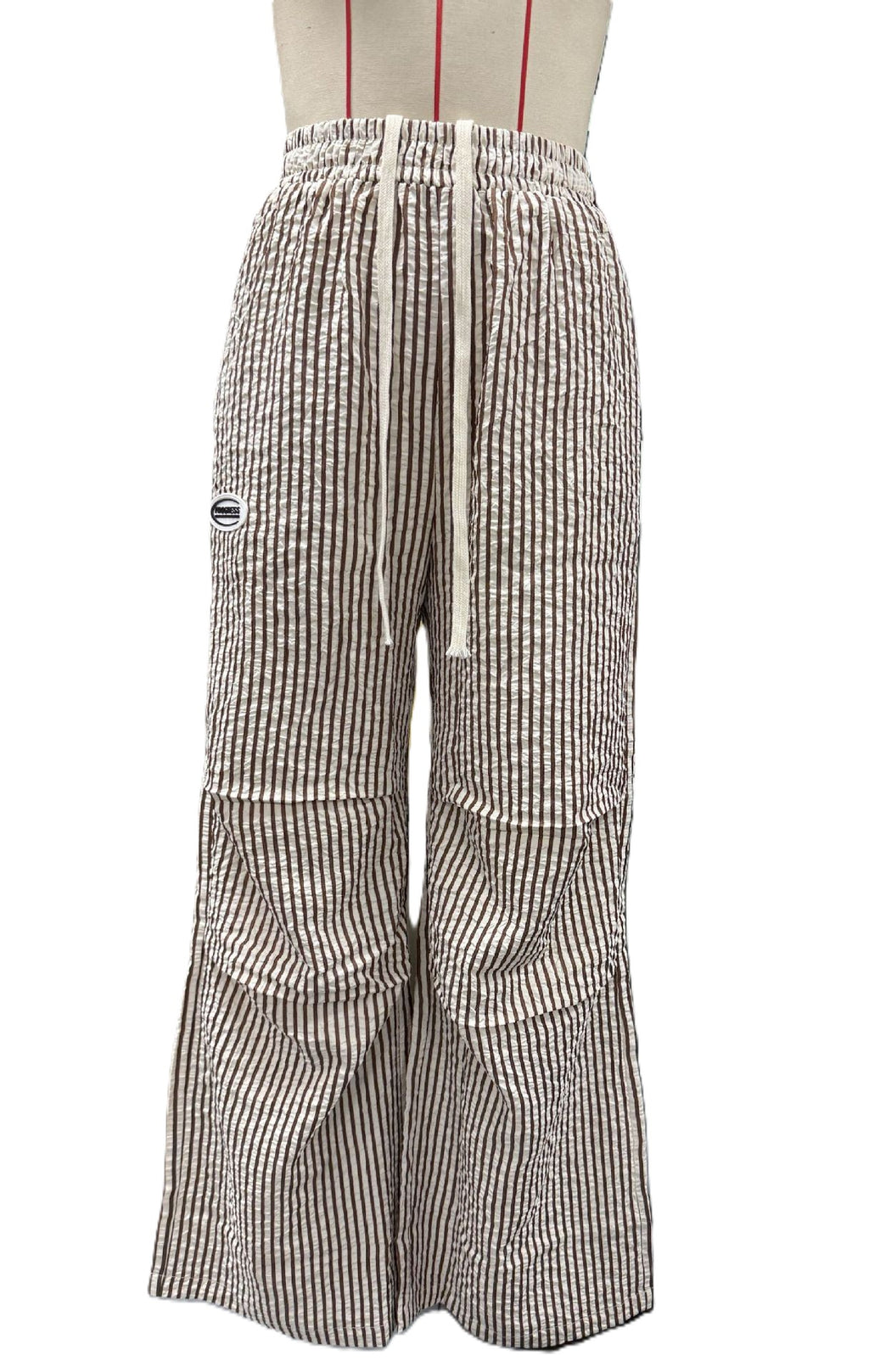 Striped Wide Leg Pants With Utility Pocket - Coffee - 1
