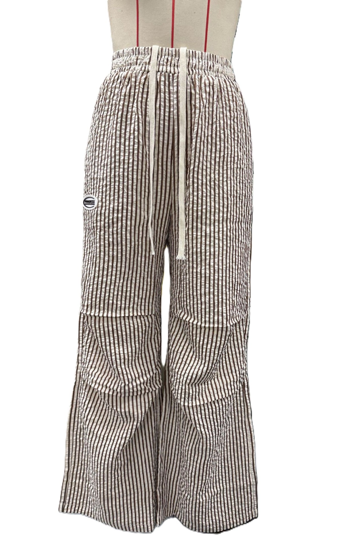 Striped Wide Leg Pants With Utility Pocket - Coffee - 1
