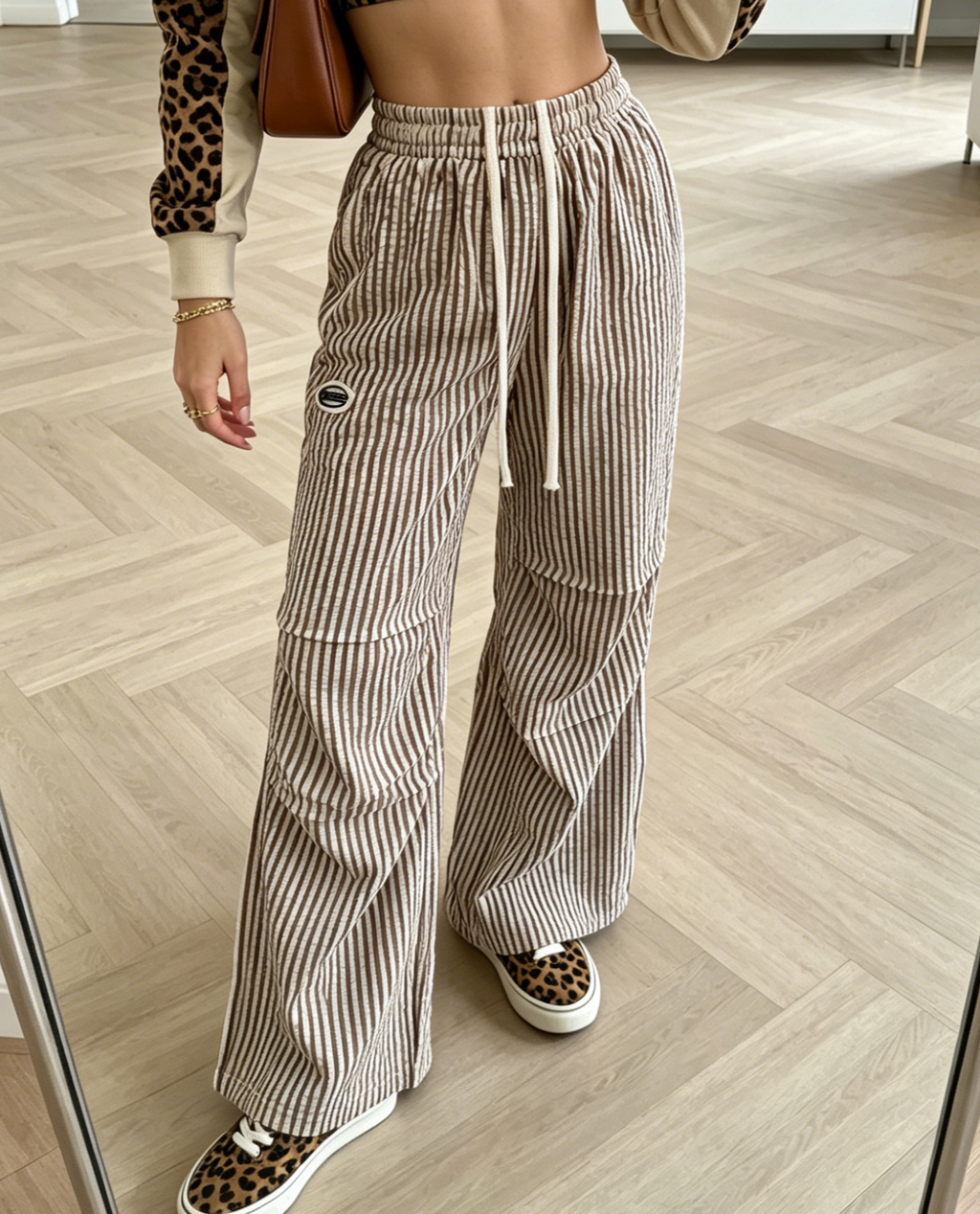 Striped Wide Leg Pants With Utility Pocket - Coffee - 3