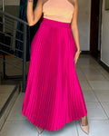 High Waisted Satin Pleated Maxi Skirt - RoseRed