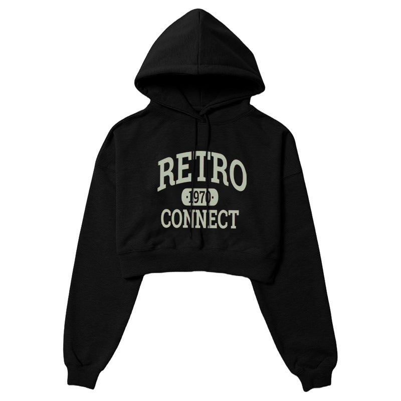 Collegiate Print Cropped Hoodie Sweatshirt - Black