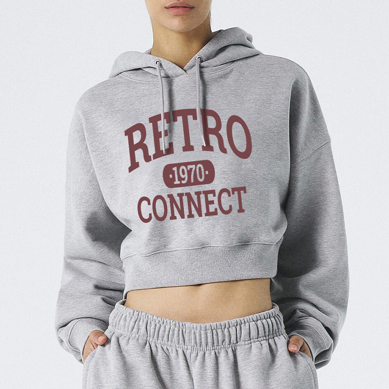 Collegiate Print Cropped Hoodie Sweatshirt - Grey