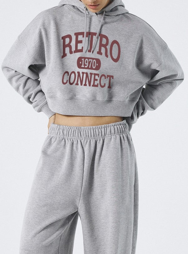 Collegiate Print Cropped Hoodie Sweatshirt - Grey - 1