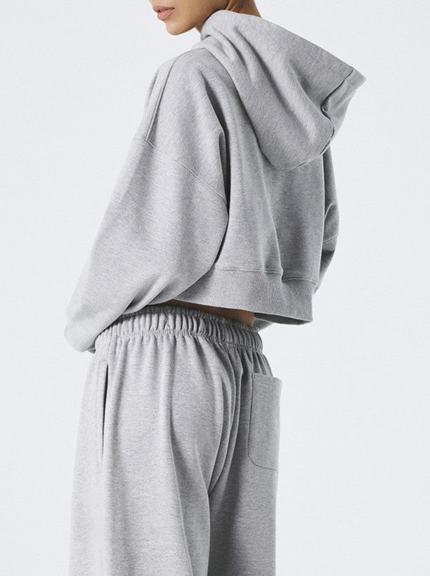 Collegiate Print Cropped Hoodie Sweatshirt - Grey - 2