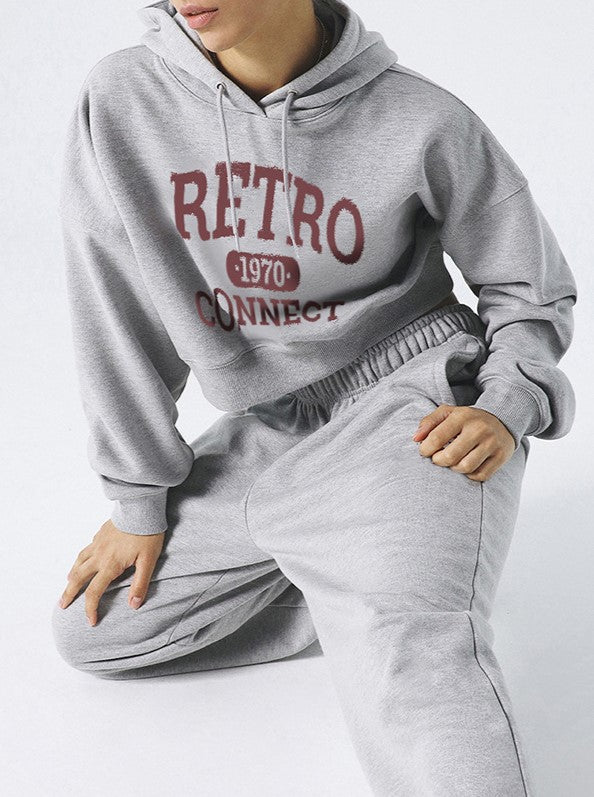 Collegiate Print Cropped Hoodie Sweatshirt - Grey - 3