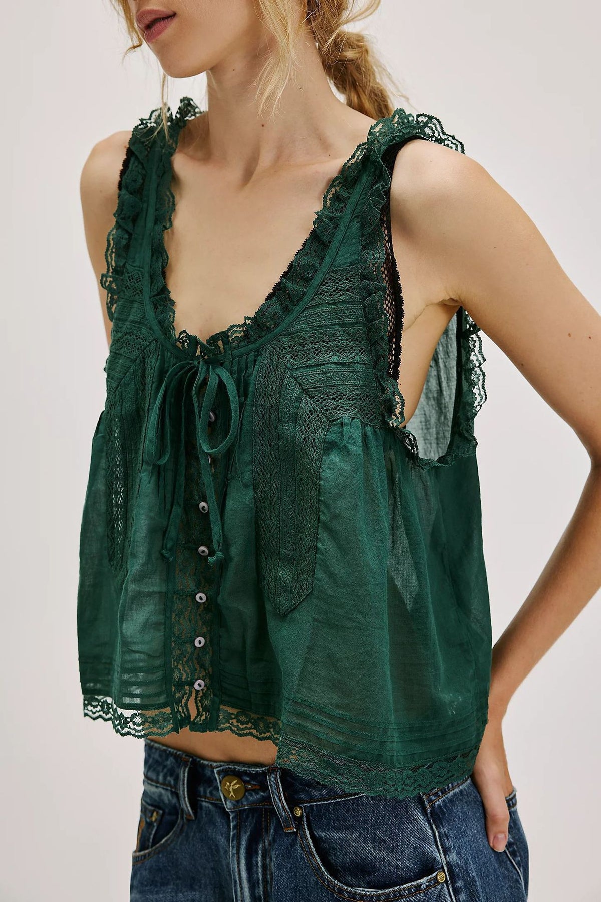 Sheer Boho Lace Cami Tank With Tie Front - DarkGreen