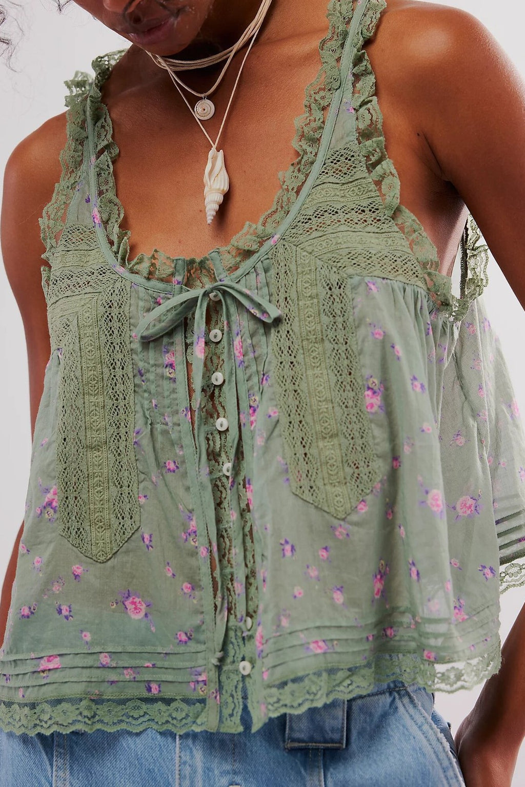 Sheer Boho Lace Cami Tank With Tie Front - Green
