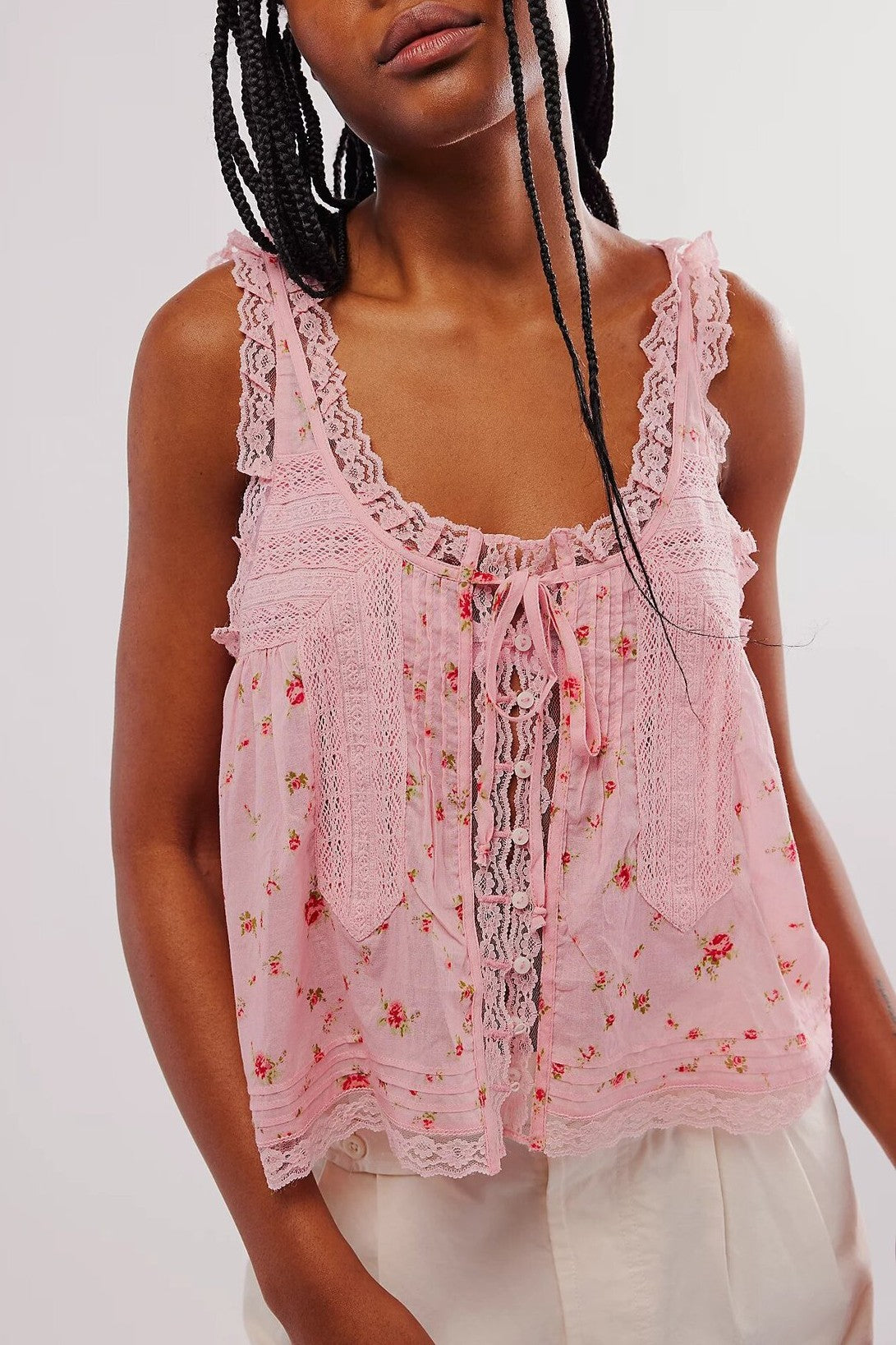 Sheer Boho Lace Cami Tank With Tie Front - Pink