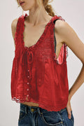 Sheer Boho Lace Cami Tank With Tie Front - WineRed