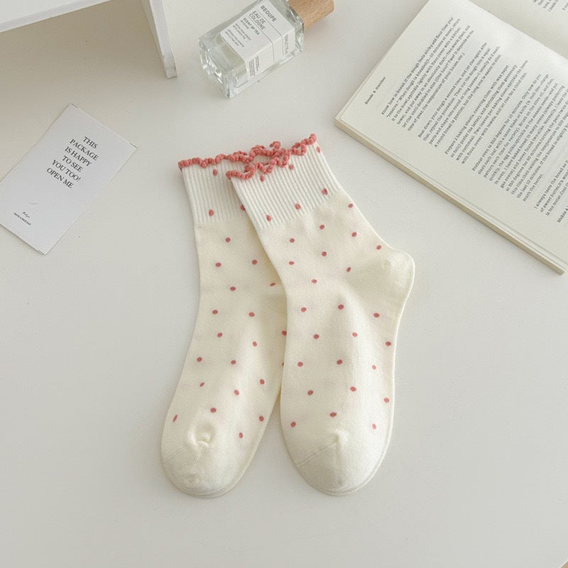 Ruffle Trim Micro Dot Ankle Socks - Beige