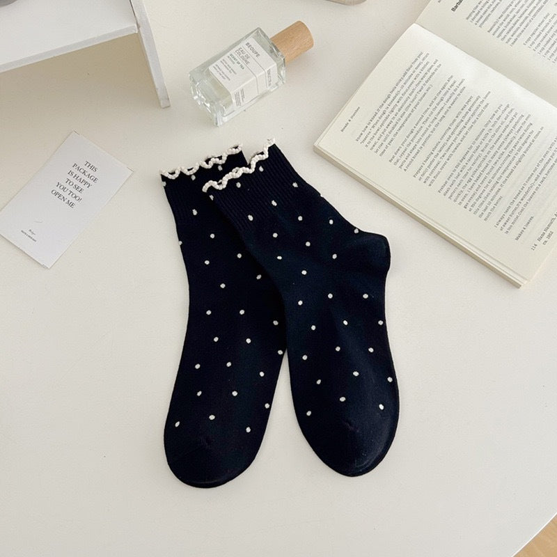 Ruffle Trim Micro Dot Ankle Socks - Black