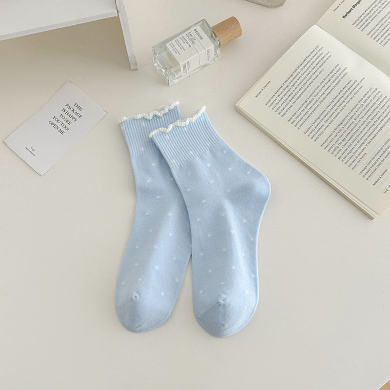 Ruffle Trim Micro Dot Ankle Socks - Blue