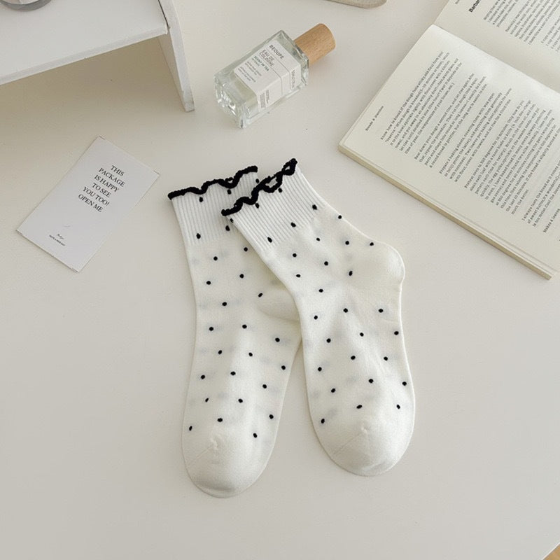 Ruffle Trim Micro Dot Ankle Socks - White